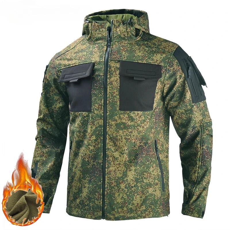 카모 전술 소프트 쉘 후드 재킷, 두꺼운 방수 방풍 하이킹 코트, 남성 플리스 멀티 포켓 밀리터리 재킷